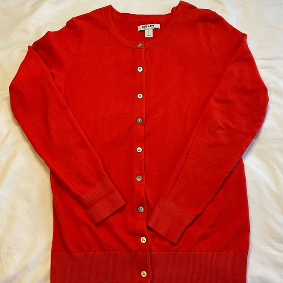 Red Cardigan Sweater with Long Sleeves and Round Neckline - Picture 2 of 4